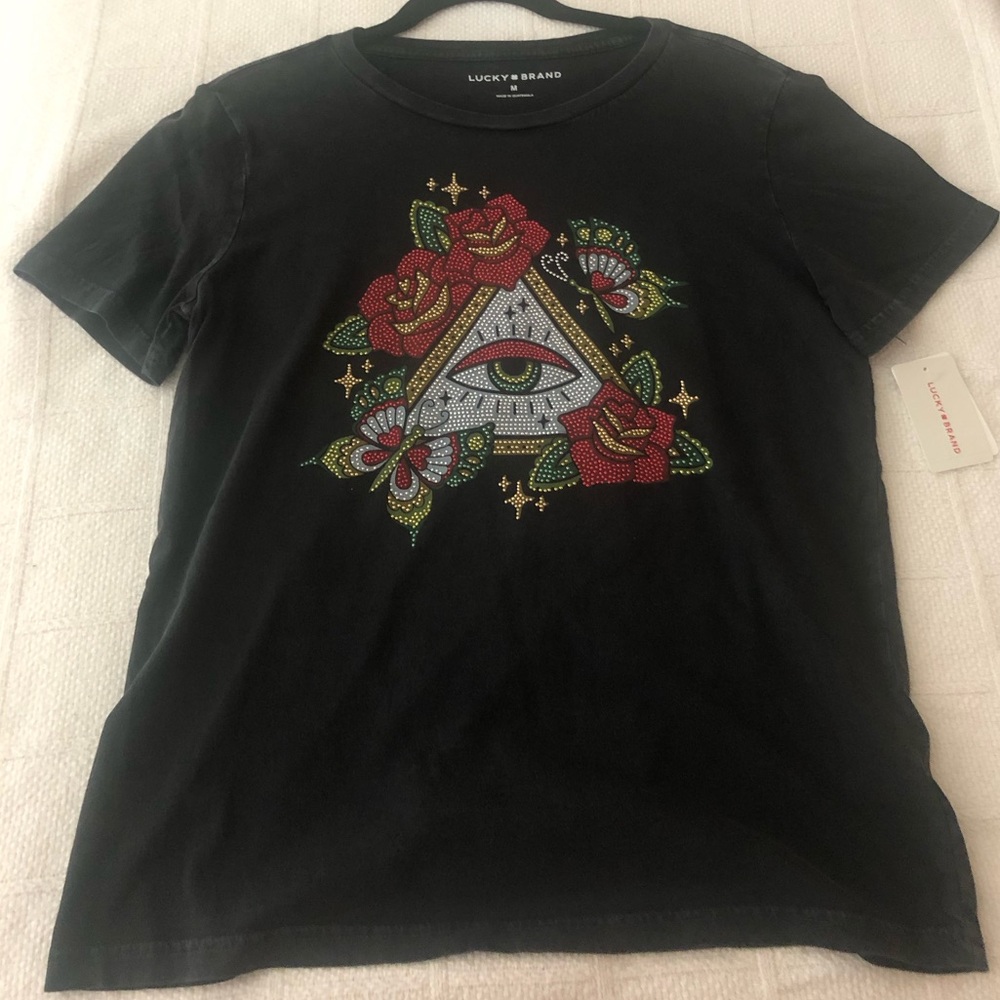 Lucky Brand Black Graphic T-Shirt with Embellished Motif
